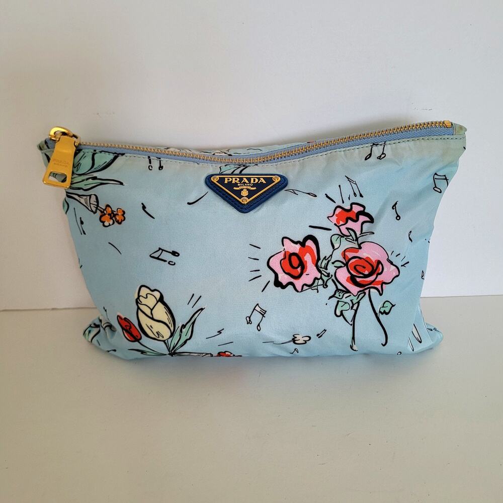 Prada Milano Light Blue‎ Floral Music Notes Nylon Cosmetic Pouch Bag Made in